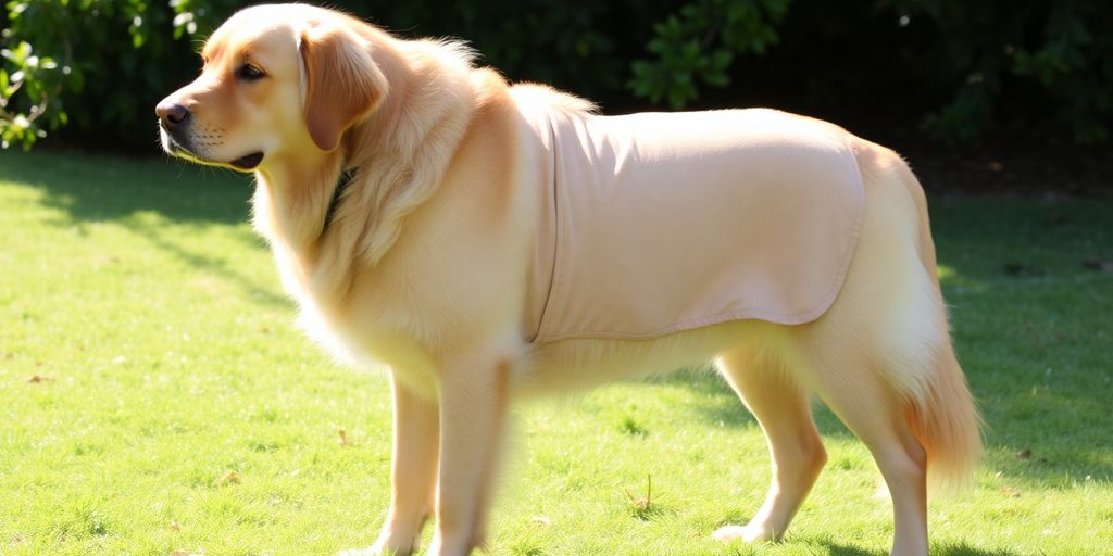 Tan dog wearing plain shirt outdoors.