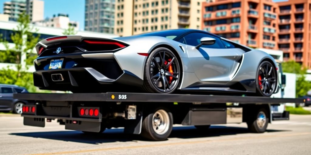Luxury car on flatbed tow truck in Calgary.