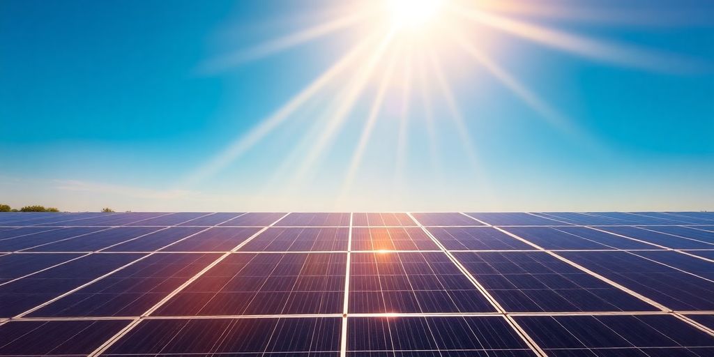 Sun shining over solar panels.