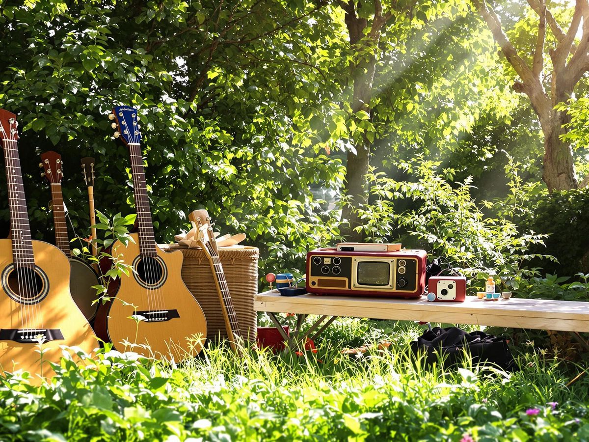 Acoustic instruments in a sunny, green forest setting.