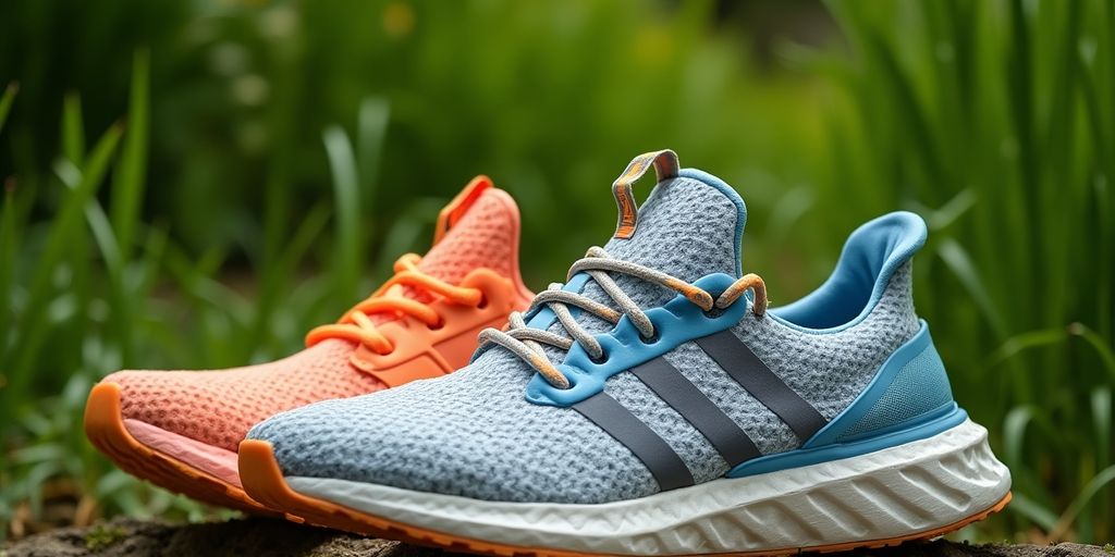 Nachhaltige Adidas-Schuhe aus recycelten Materialien auf grünem Hintergrund.