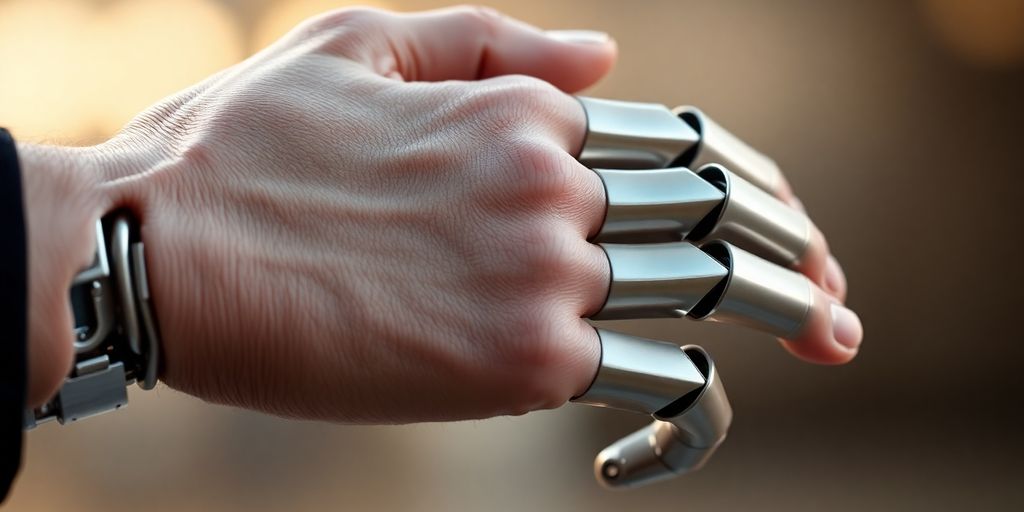 Human hand shaking robot hand.