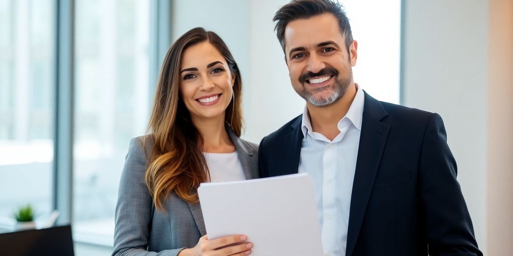 Agent smiling, shaking hands with client.