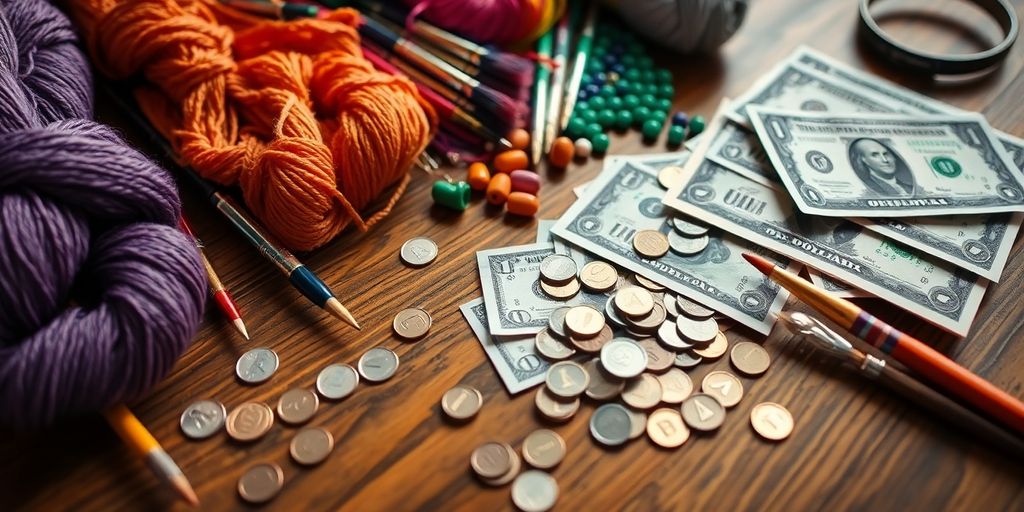 Craft supplies and money on a wooden table.