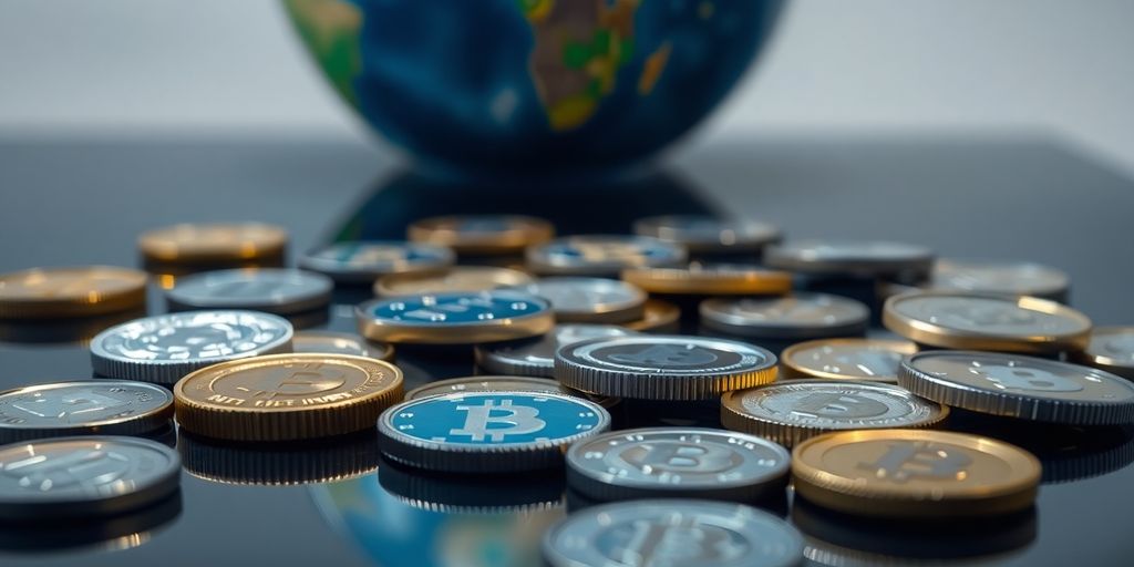 Digital coins with a globe.