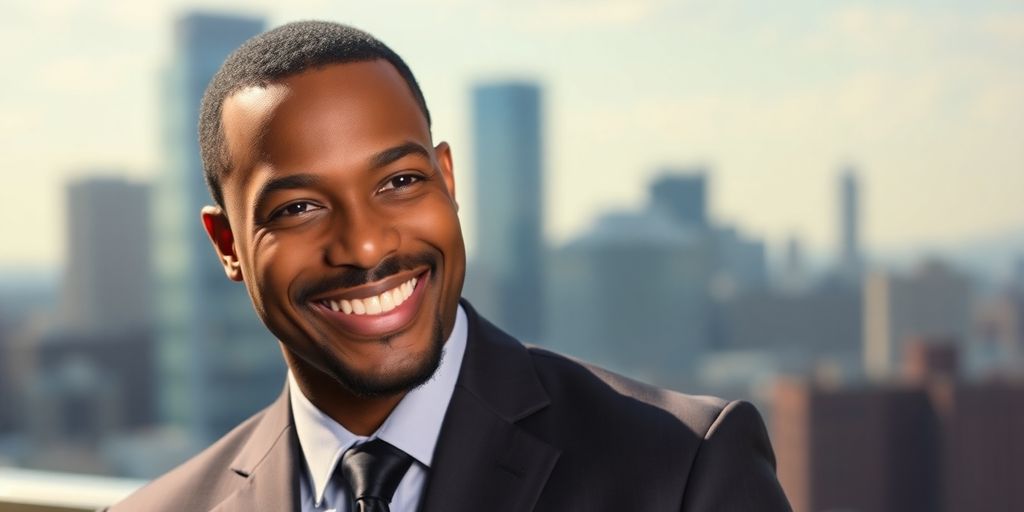 Keion Henderson in a suit with a city skyline background.