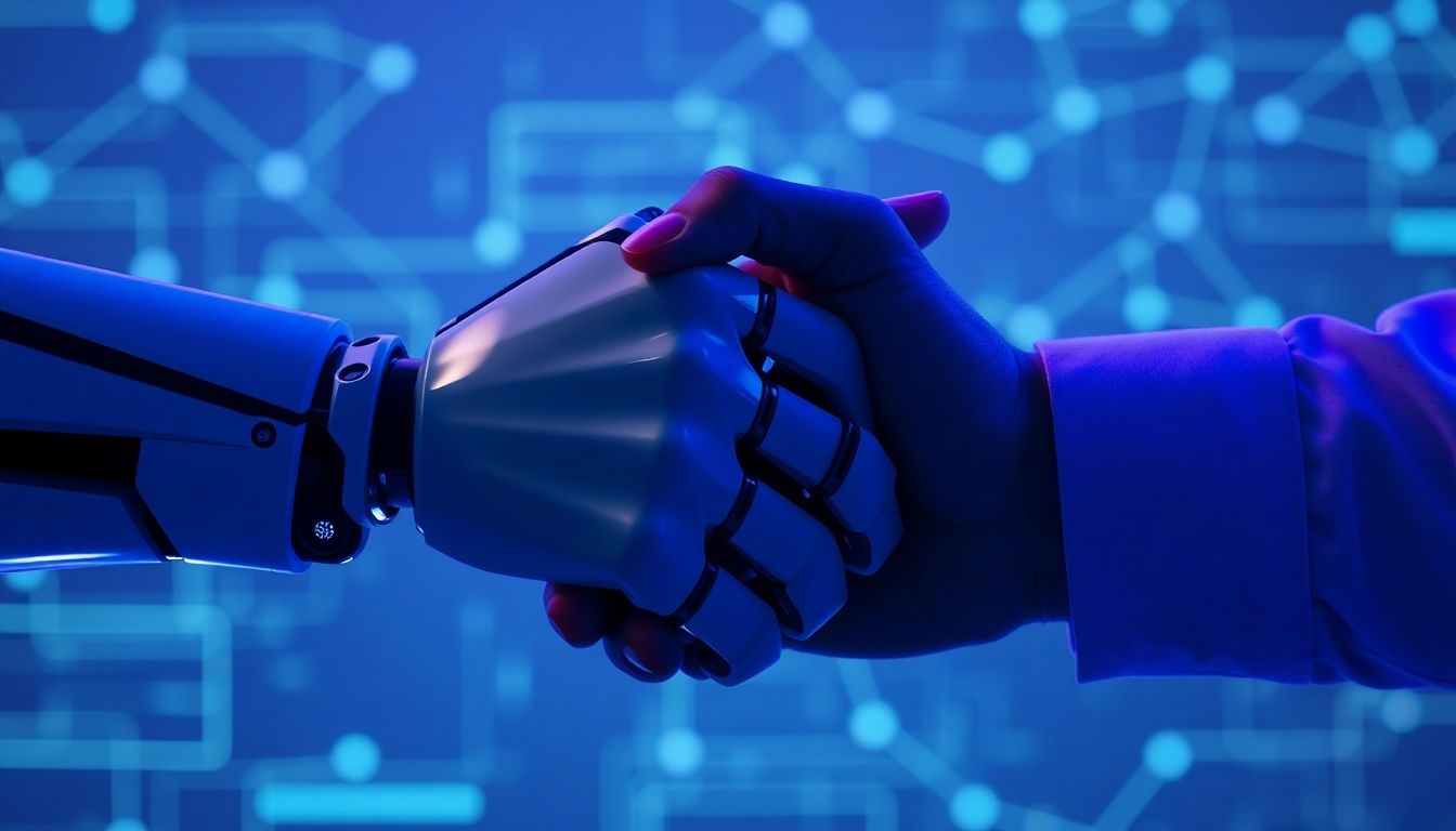 Robot and human handshake.