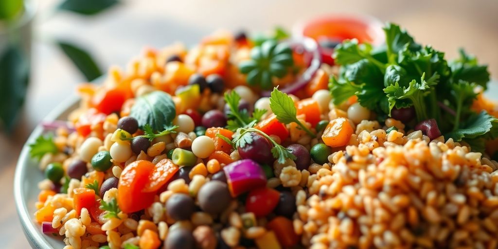 Veganistiese aandete met vars groente en graan.