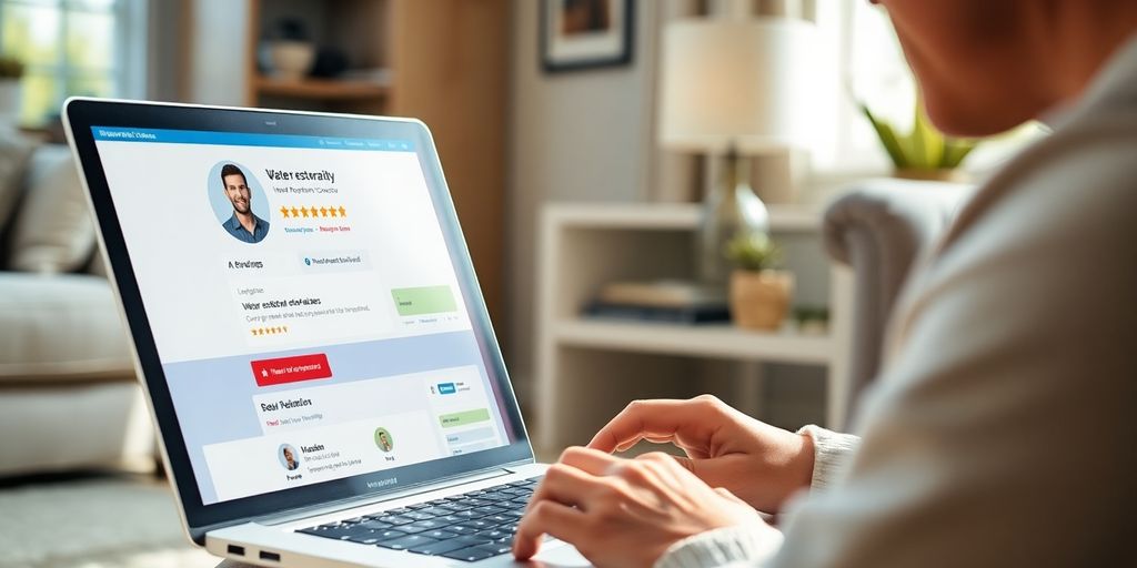 Homeowner reading reviews for a water restoration contractor.