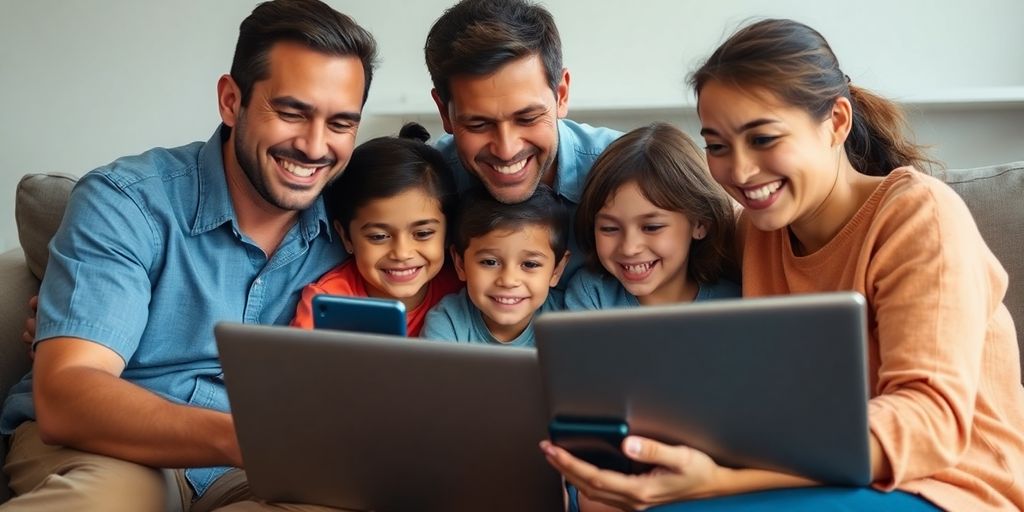 Famiglia felice con dispositivi sicuri a casa.