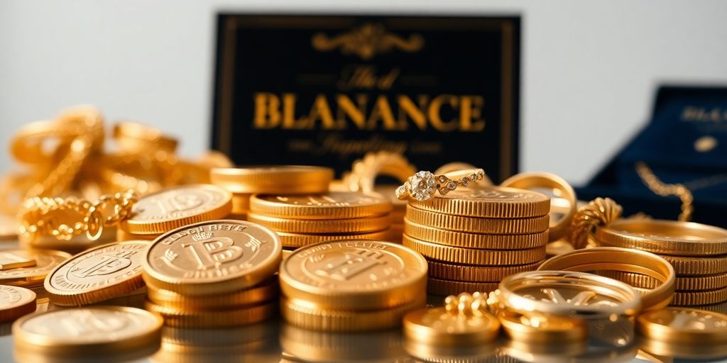 Pièces d'or et bijoux brillants sur fond flou.