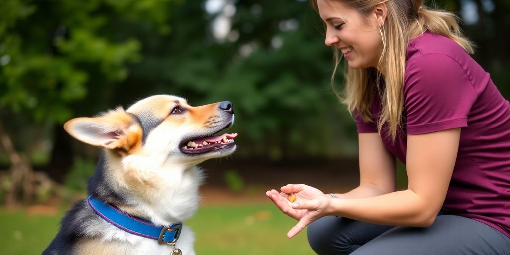 Trainer rewarding a rescue dog with treats.