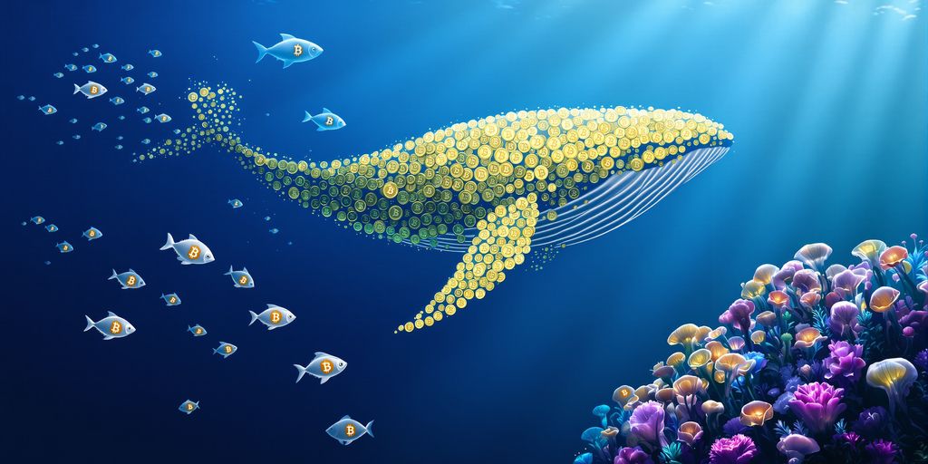 Golden whale following Bitcoin symbols towards Ethereum jellyfish.