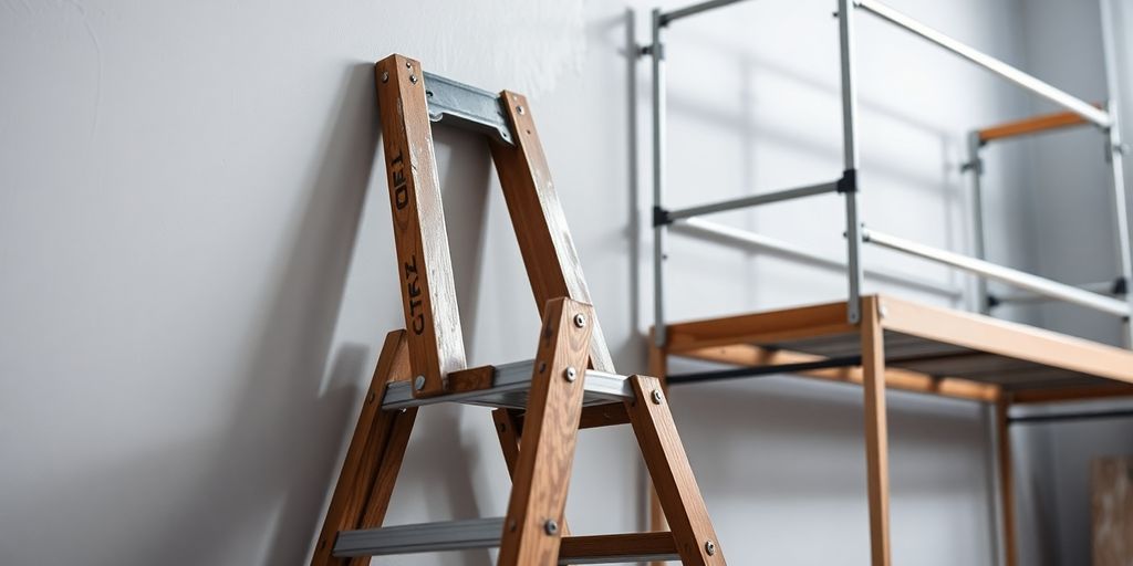 Ladder and scaffolding against a painted wall.