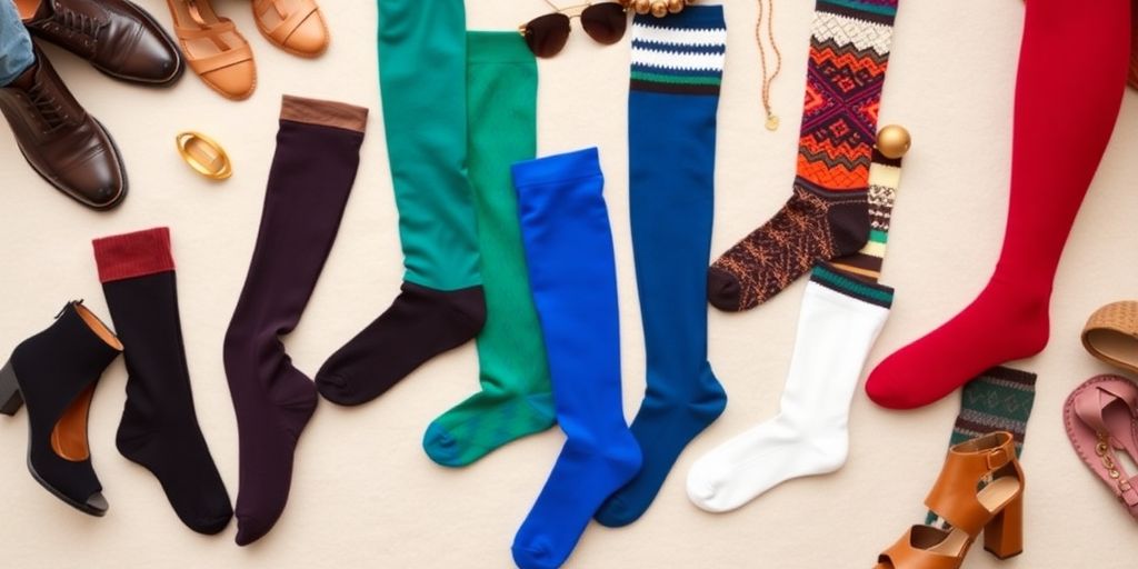Flat lay of colorful wide leg knee high socks.