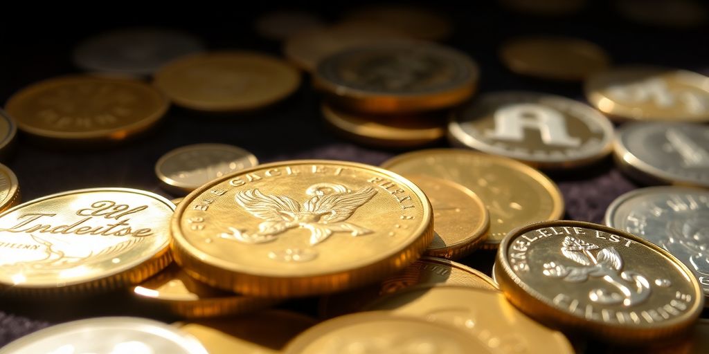 Antique gold coins stacked near a family portrait.