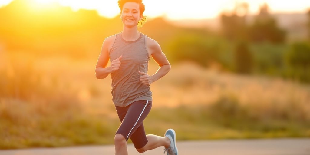 Person running outdoors, serene expression, sunset light.