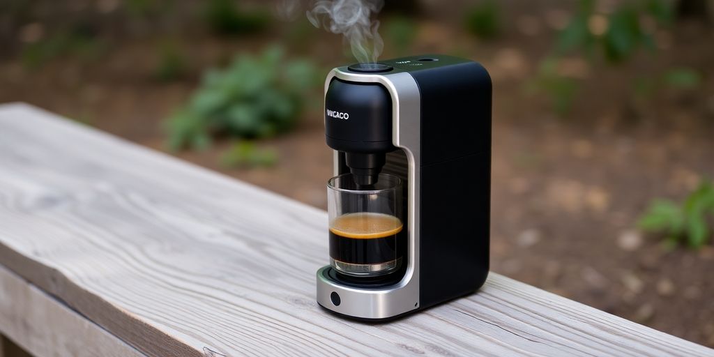 Nanopresso camping coffee machine brewing coffee outdoors.