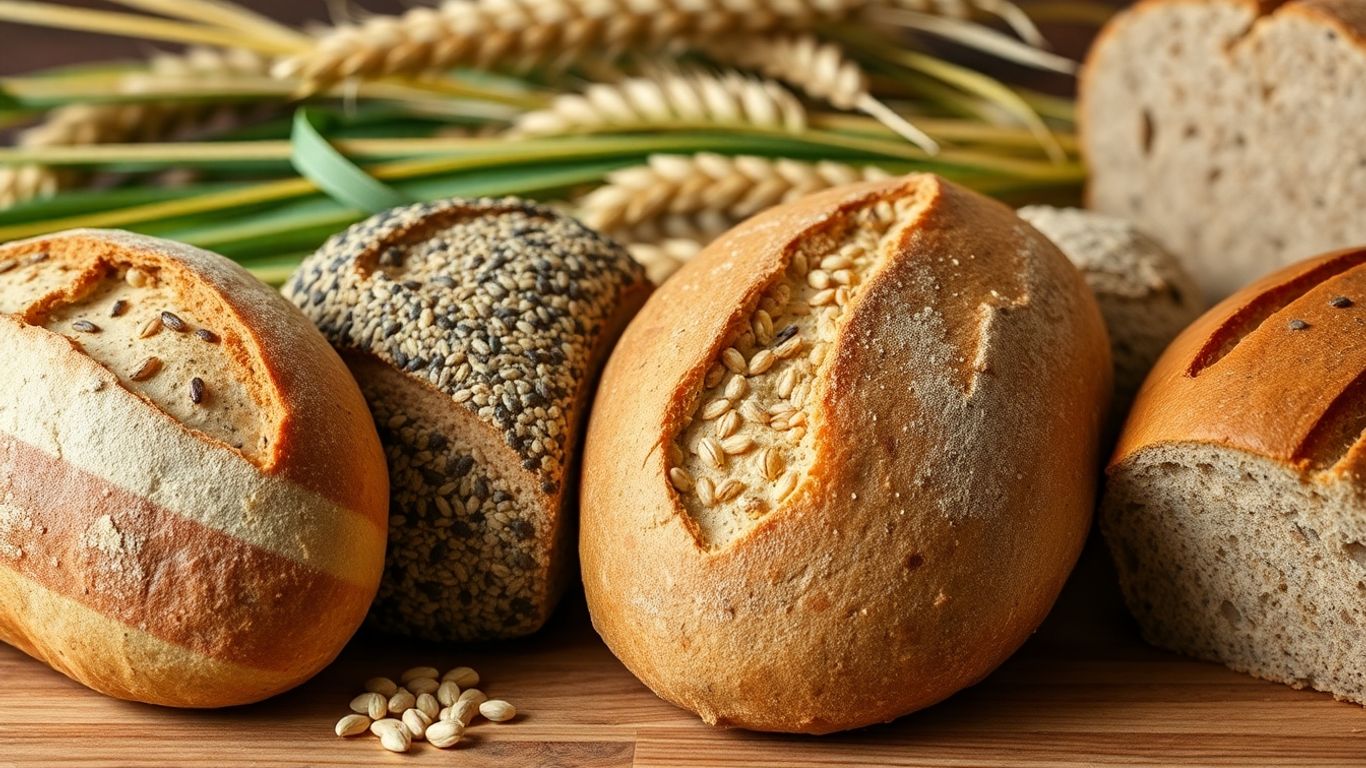 Different breads with grains and wheat on wooden table