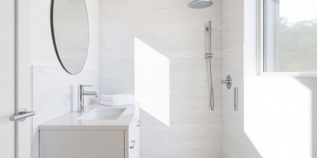 Modern bathroom remodel with rainfall shower and white vanity.