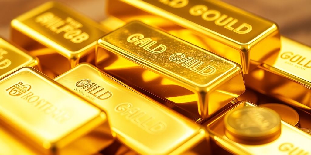 Lingots d'or empilés et pièces d'or brillantes.