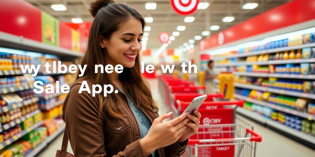 A shopper using a smartphone in a vibrant store.