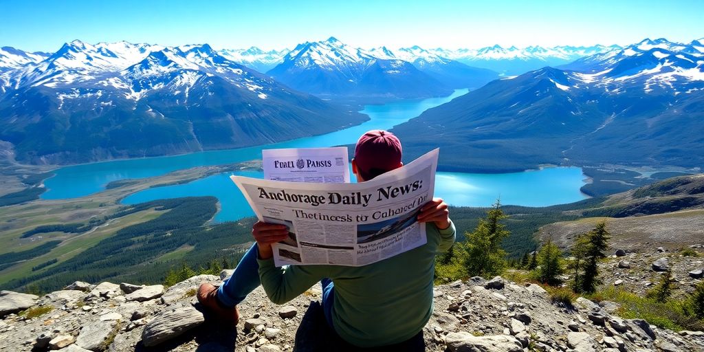 A person reads a newspaper in front of Alaskan mountains.