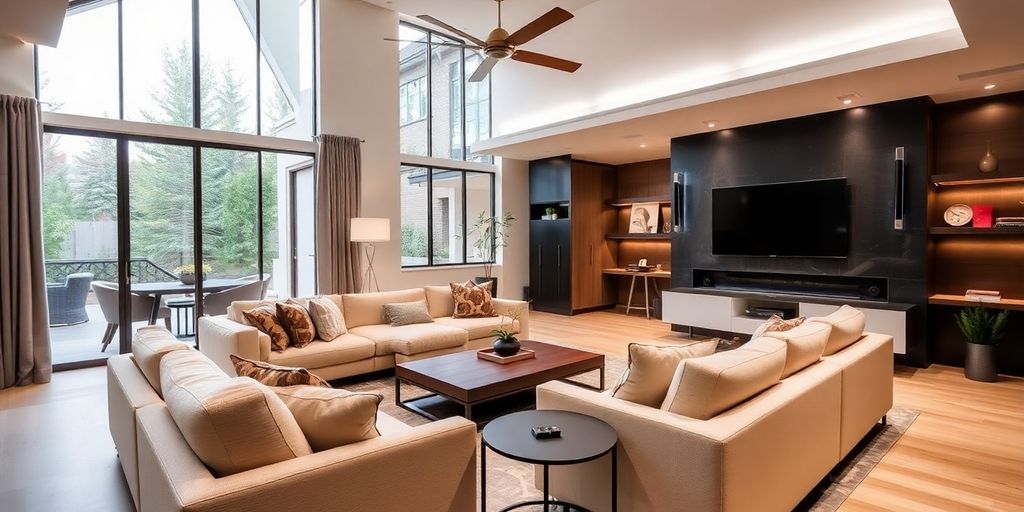 Modern living room with smart technology and stylish decor.