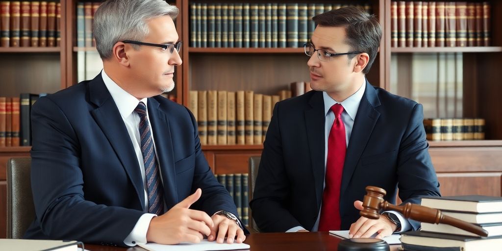 Lawyer meeting client in a professional office setting.