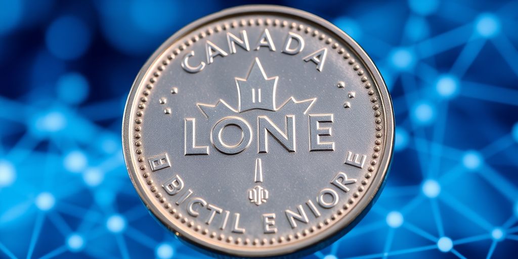 Canadian coin with digital network overlay.