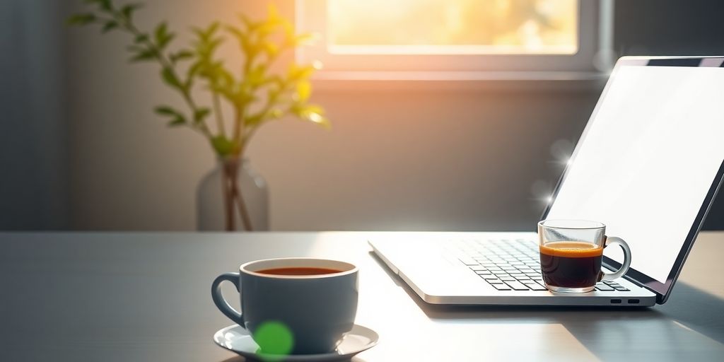 Laptop, coffee, and home office setup.