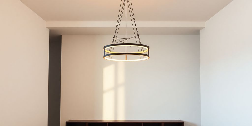 Modern chandelier above dining table.