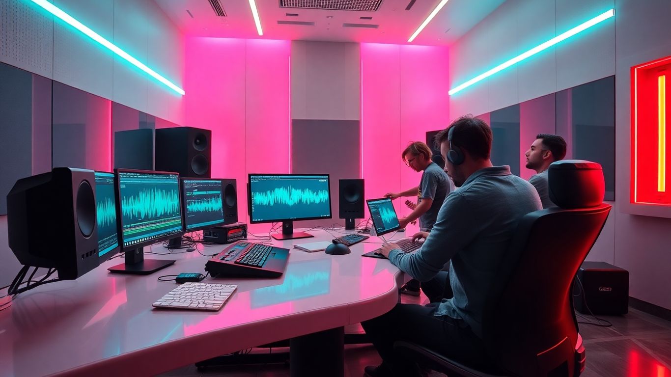 Musicians collaborating in a high-tech AI music studio