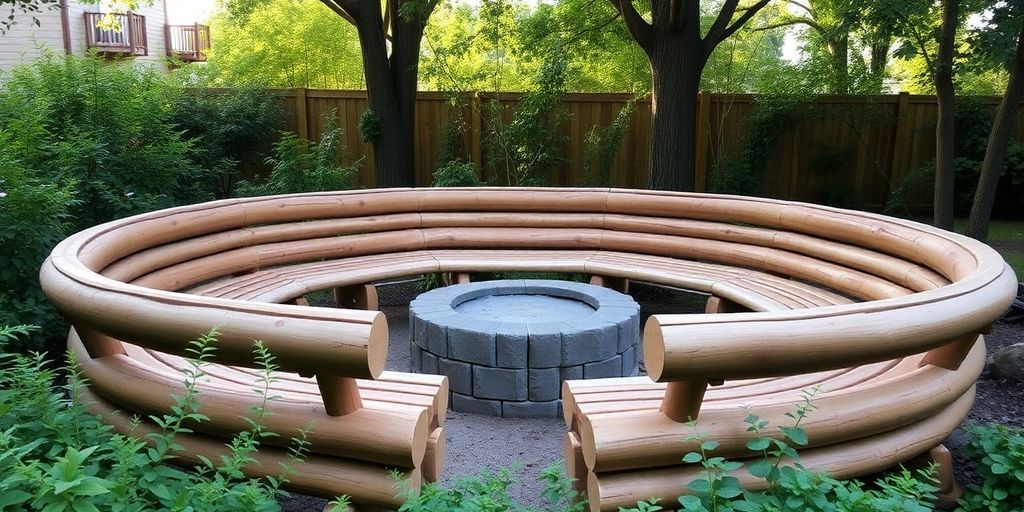 Cozy log seating area surrounded by greenery in backyard.
