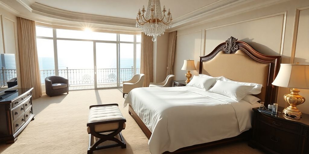 Luxury hotel room with ocean view.