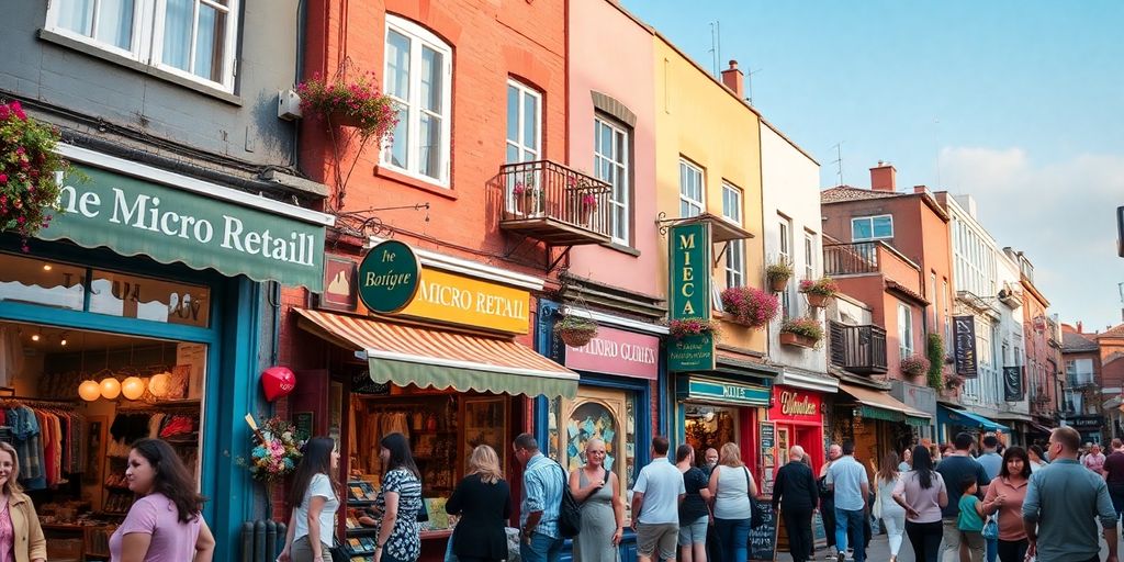 Small vibrant storefronts with people interacting.