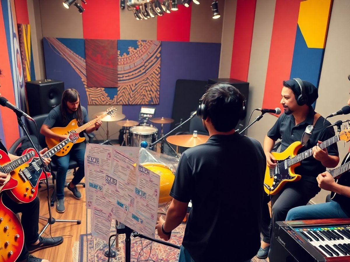 Group of artists collaborating in a lively music studio.