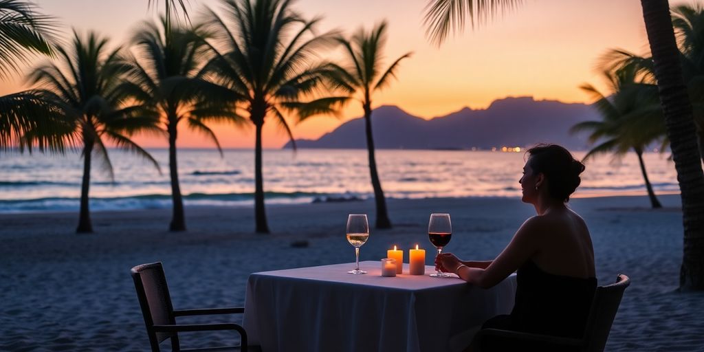 Romantic couple beach dining, sunset, Cabo San Lucas.