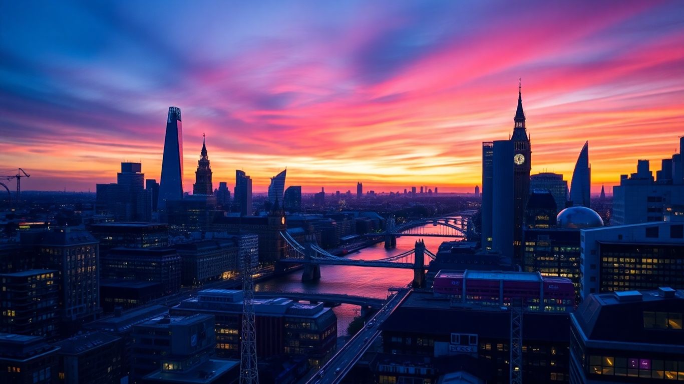 London skyline at dusk with global connections.