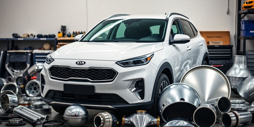A Kia car with an array of gleaming new parts.
