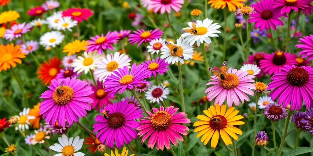 Bienen und Schmetterlinge auf bunten Blumen im Garten.