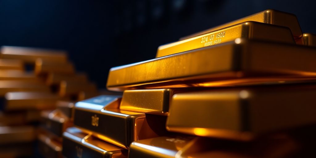 Lingots d'or empilés dans un coffre-fort sombre