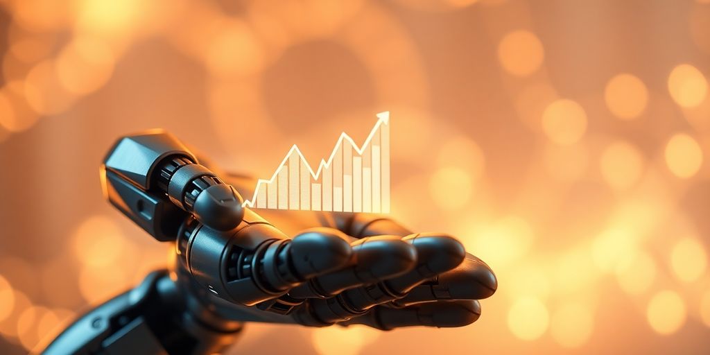 Robot hand holds glowing market graph.