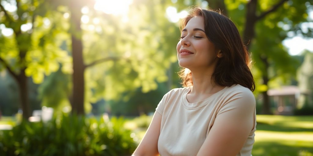 Person meditating outdoors, calm expression.