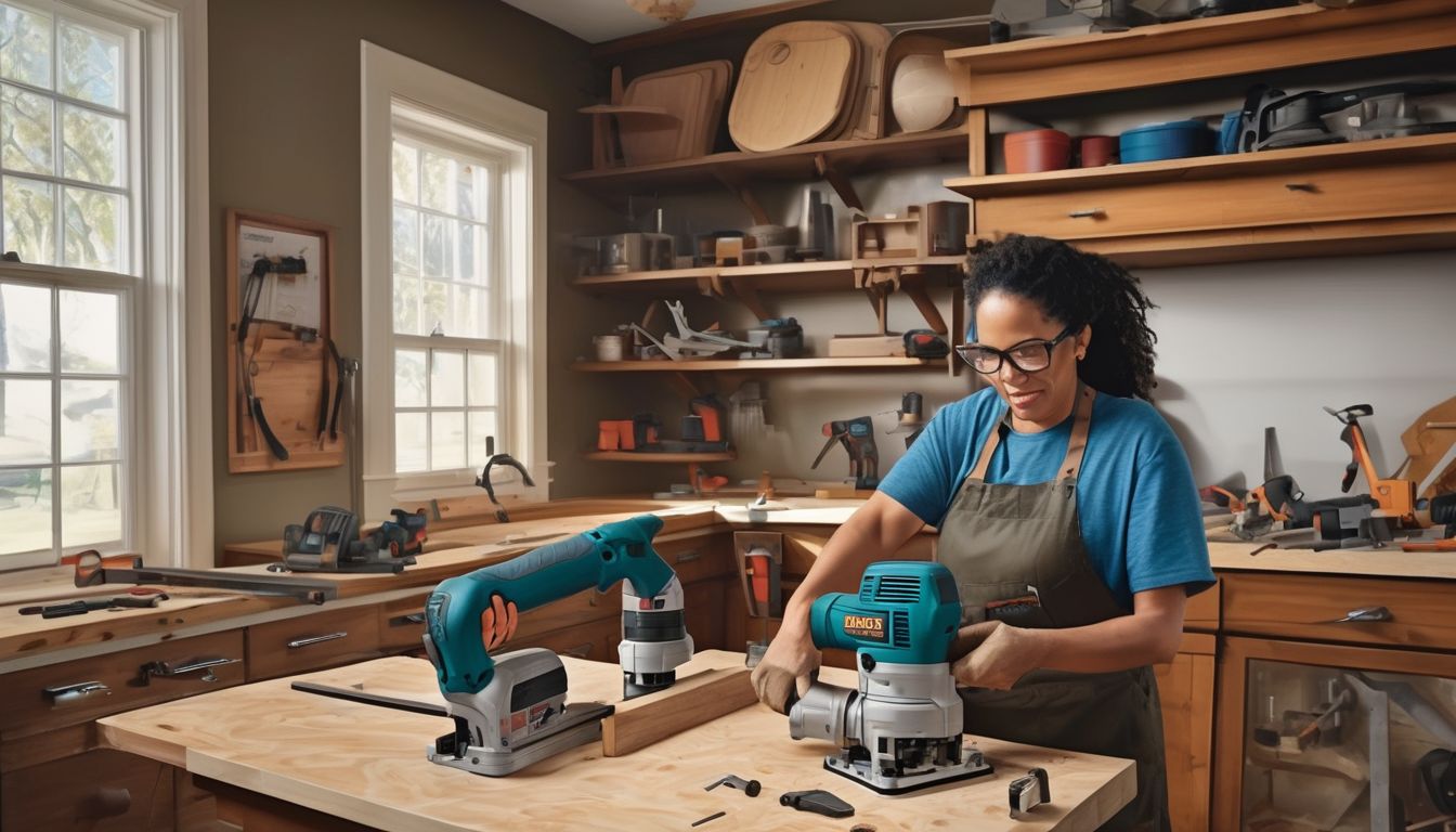 person using power tools in a home workshop