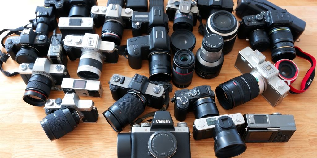 Array of used cameras and lenses on wooden surface.