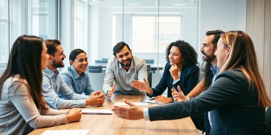 Équipe de vente discutant autour d'une table de conférence.