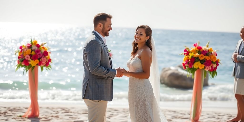 Couple embracing at a sun-drenched Cabo beach wedding.
