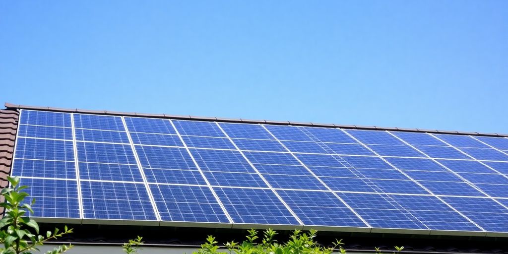 Rooftop solar panels under a clear blue sky.
