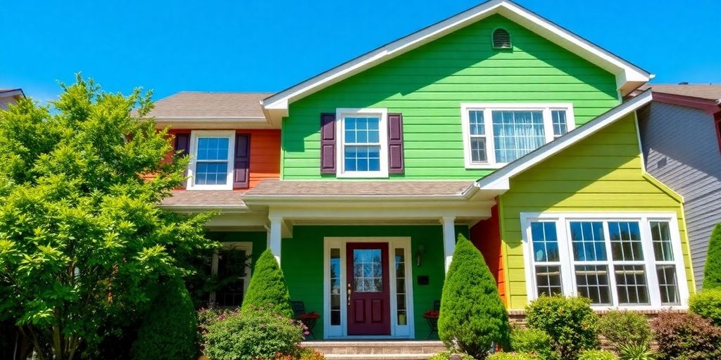 Colorful house exterior with fresh paint and greenery.